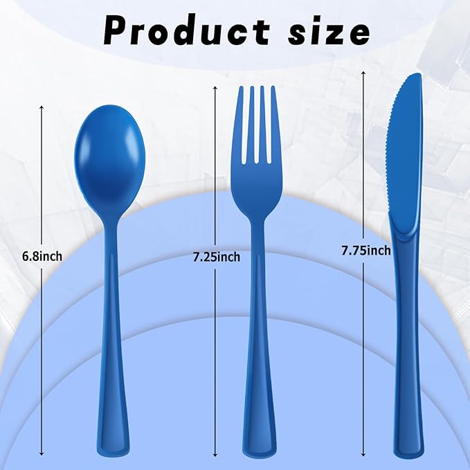 Plastic Silverware 300 PCS Disposable Silverware Heavy Duty Utensil Sets 100 Of Each Forks Knives & Spoons Disposable Cutlery Set For Easter,Birthday,Baby Shower,Garden Party,Wedding(300,Blue)