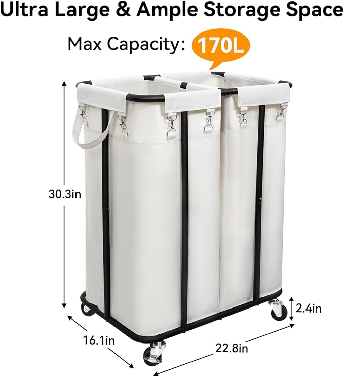WOWLIVE Double Laundry Hamper with Wheels, 170L Rolling Laundry Basket