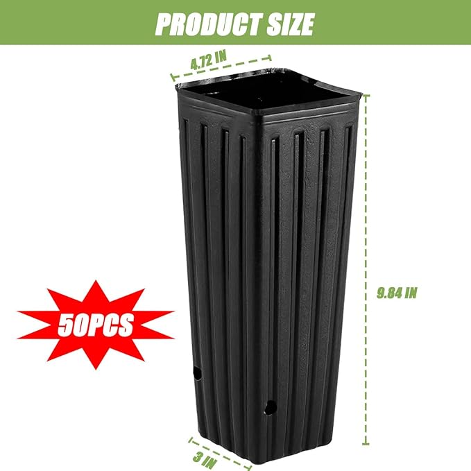 DredQcco 50Pcs Plastic Deep Plant Nursery Pots Tall Deep Tree Pot, Plant Seedling Treepots Tall Flower Containerwith Drainage Holes Flower Container for Indoor Outdoor Garden Plants 9.8" H x 4.7" W