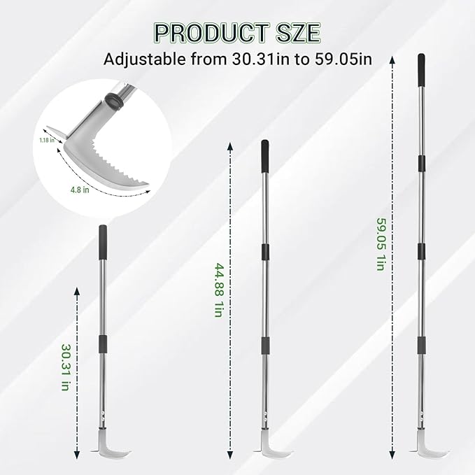 Weed Puller Tool, 59" Stainless Steel Weed Remover Tool Crevice Weed Picker Tools L-Shaped Stand Up Garden Hoe for Garden,Sidewalk,Patio, Multi-Action Manual Grass Remover for Deep Digging Cutting