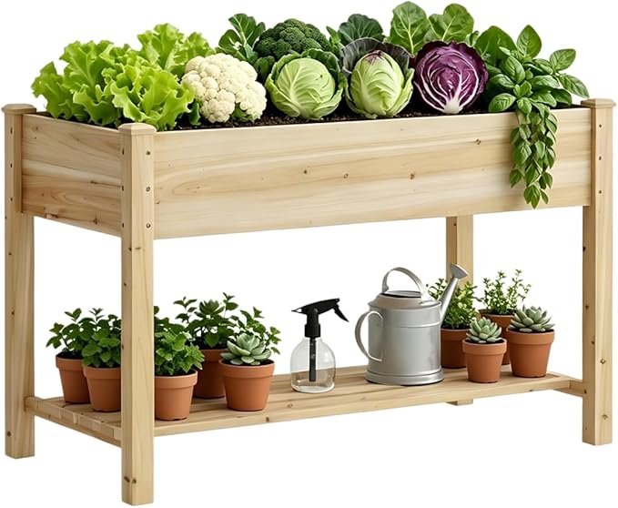 Raised Garden Bed with Legs, Wooden Planter Box with Storage Shelf, Elevated Wood Planter Box for Vegetables Flowers Herbs, Garden Planter for Backyard, Patio, Balcony, 48x24x30.7inch (Natural, M)