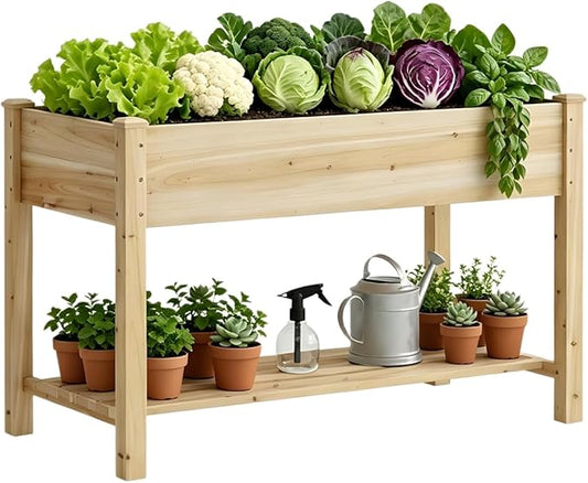 Raised Garden Bed with Legs, Wooden Planter Box with Storage Shelf, Elevated Wood Planter Box for Vegetables Flowers Herbs, Garden Planter for Backyard, Patio, Balcony, 48x24x30.7inch (Natural, M)