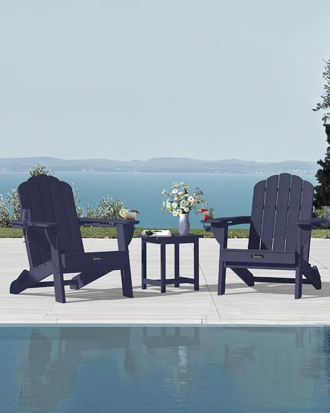 Adirondack Chair, HDPE Material Fire Pit Chairs, Plastic Adirondack Chairs with 2 Cup Holder, Outdoor Lawn Chair for Patio Garden, Dark NavyBlue
