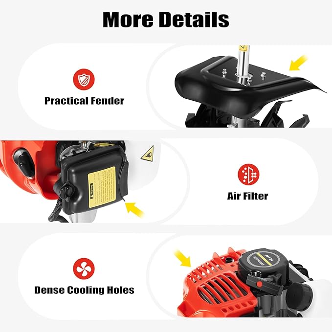 2 Stroke Tiller Cultivator, 51.7CC 6500RPM Garden Mini Tiller Rototiller Gas Powered Rotary Cultivator Handheld Single-Cylinder Rototiller Garden Tool with 1.1L Fuel Tank for Farm Loose Soil Weeding