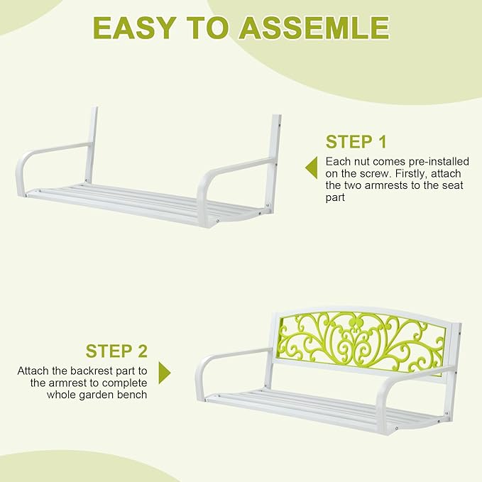 Outvita Outdoor Bench, 50" Metal Frame Garden Bench Patio Porch Furniture with Plastic Floral Design Backrest Powder-Coated Chair Yard Entryway Deck Furniture(White & Yellow)