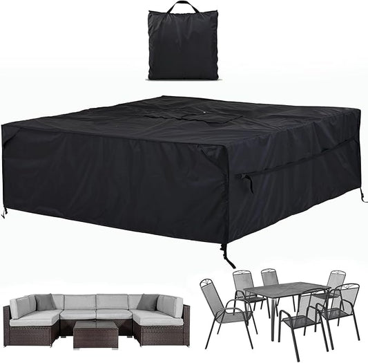 Patio Furniture Covers Waterproof - 420D Outdoor Table and Chair Set Cover with Built-in Storage Bag - Rectangular Patio Table Cover for 6-Seat Dining Set or Sectional Sofa - Black