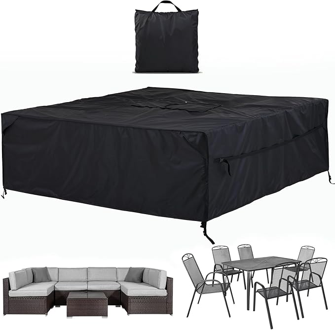 Patio Furniture Covers Waterproof - 420D Outdoor Table and Chair Set Cover with Built-in Storage Bag - Rectangular Patio Table Cover for 8-Seat Dining Set or Sectional Sofa - Black