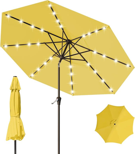 9FT Patio Umbrella with Solar Lights,Outdoor Market Umbrella with Tilt and Crank, LED Lighted Table Umbrella for Garden,Deck,Backyard,Pool,Beach