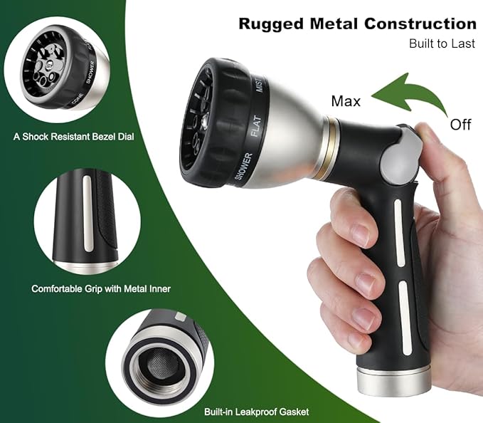 FANHAO Garden Hose Nozzle 100% Heavy Duty Metal, Water Hose Sprayer High Pressure with 8 Spray Patterns, Thumb Control, On Off Valve for Garden Watering, Car and Pet Washing