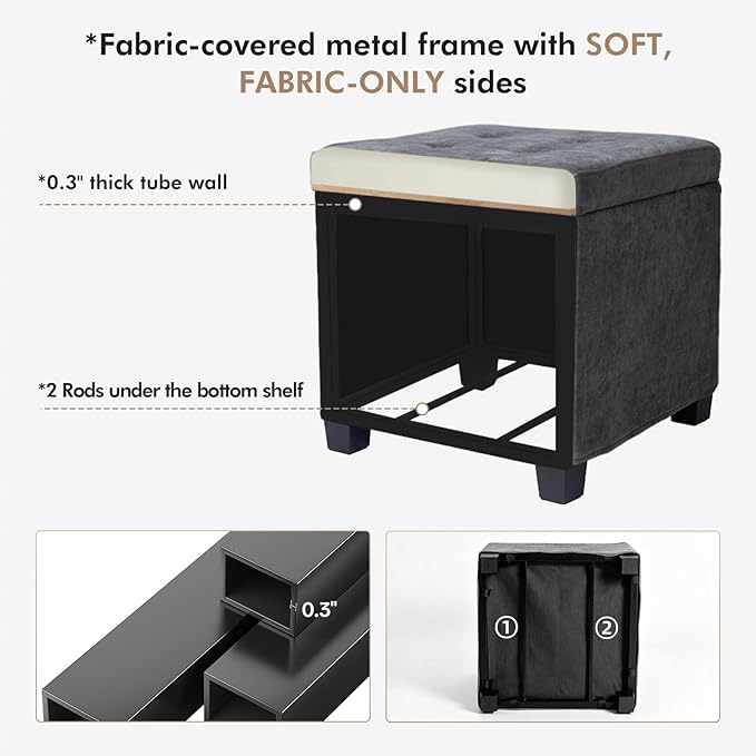 ABHENG Steel Frame Square Ottoman with Storage Gray UASND641G | 17.7" x 17.7" x 17.7", Hold 660 lbs, 48L Storage Capacity, Breathalbe Chenille, Removable Lid, for Dorm Living Room