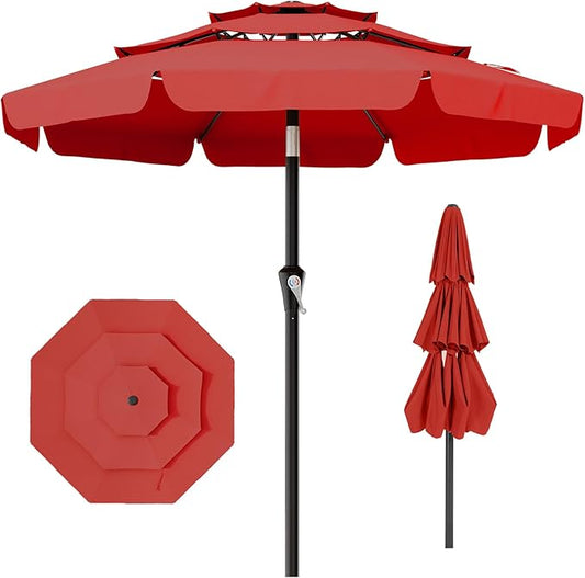 AreShark 10FT 3-Tiers Patio Umbrella with Valance, Outdoor Umbrellas with Crank/Tilt, Table Market Umbrella Vented w/ 8 Sturdy Ribs for Garden, Deck, Backyard, and Pool, Red