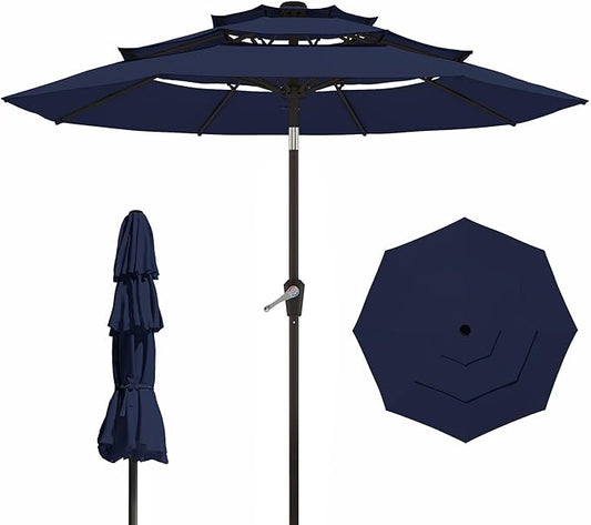 9FT 3 Tiers Patio Umbrella With Auto Tilt And Crank, Outdoor Table Market Umbrella with 8 Sturdy Ribs for Garden, Lawn, Deck, Backyard and Pool