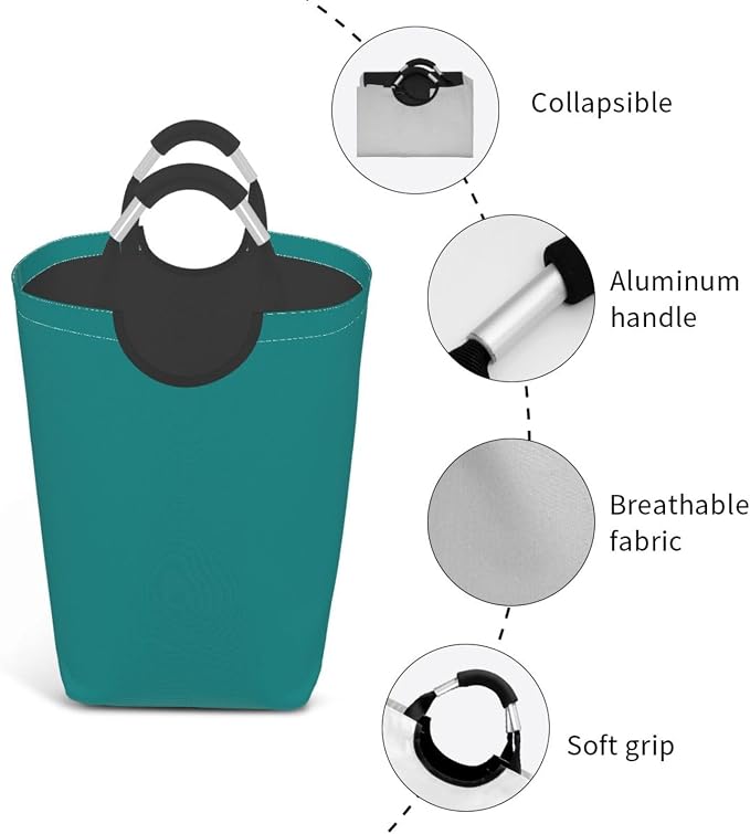 Large Laundry Hamper Bag, Teal Blue Trend Color Collapsible Laundry Basket Dirty Clothes Organizer Washing Bin for Family Essentials Storage