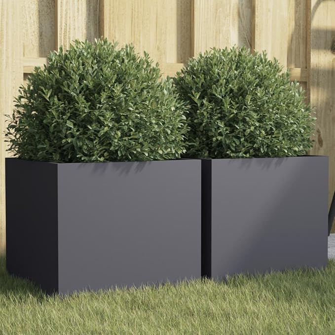 Anthracite Steel Outdoor Planter Set of 2 with Decorative Inlays, Cold-Rolled Metal Planters for Balcony Patio Garden, Durable Industrial Design for Plants and Flowers