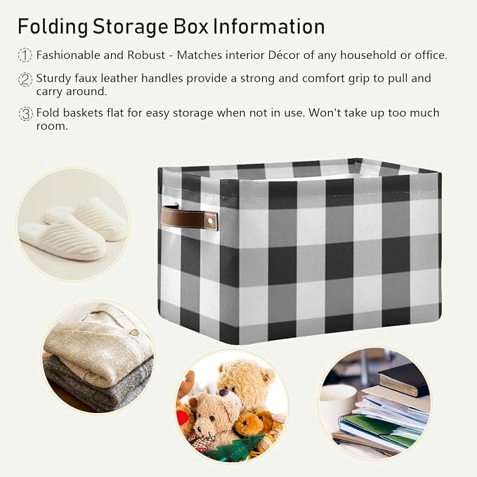 Black and White Buffalo Plaid Decorative Storage Bin - Foldable Fabric Storage Box and Organizer for Baby, Dog, Books, and More - 16128 inches
