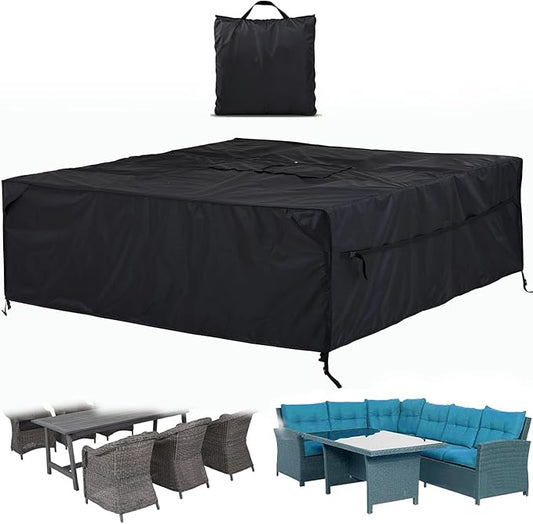 Patio Furniture Covers Waterproof - 420D Outdoor Table and Chair Set Cover with Built-in Storage Bag - Rectangular Patio Table Cover for 6-Seat Dining Set or Sectional Sofa - Black