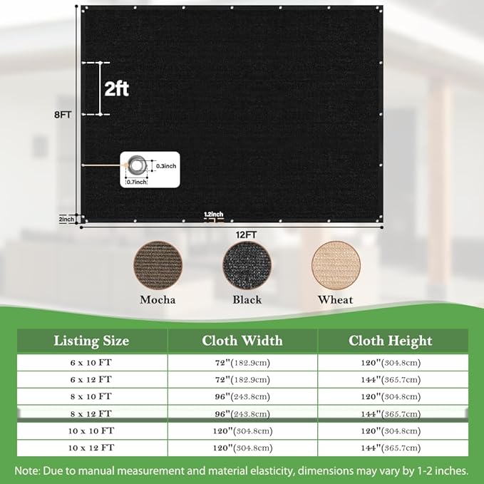 SEEYE 90% Sun Shade Cloth, 8 x 12 FT Durable Privacy Screen Shade Cover, Pergola Shade Cover with Grommets, UV Block Mesh Tarp for Plant Cover, Greenhouse, Patio, Chicken Coop, Balcony, Black