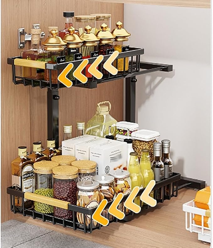 GarveeLife Under Sink Organizer, L-Shape Pull-Out 2-Tier Carbon Steel Storage Organizer with Suction Cups - Space-Saving Cabinet Rack for Kitchen & Bathroom - Easy Access Sliding Design -Black