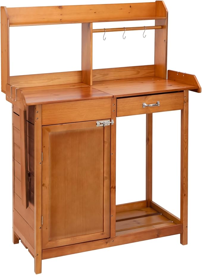 OOOK Potting Bench, Nordic Scots Pine Potting Table with Sink and Storage Shelves, Garden Bench, Workstation for Outside Patio Lawn, Wooden Garden Work Station