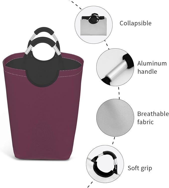 Large Laundry Hamper Bag, Plum Purple Color Collapsible Laundry Basket Dirty Clothes Organizer Washing Bin for Family Essentials Storage