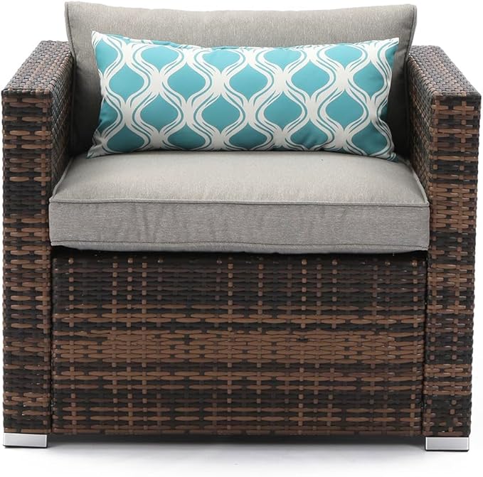 COSIEST All-Weather Patio Chair, Single Brown Wicker Chair with Thick Gray Cushions & Teal Pillow, Outdoor Rocking Chair for Porch, Garden, Poolside