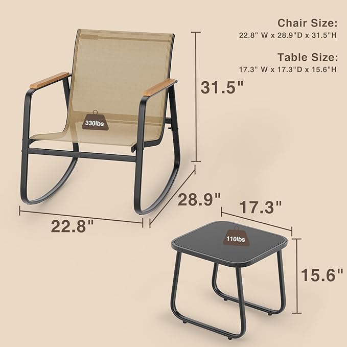Ahomly 3-Piece Outdoor Rocking Bistro Set, Outdoor Patio Furniture Set with Textilene Fabric, Patio Rocking Chairs and Glass Table for Garden Balcony Backyard Poolside Brown