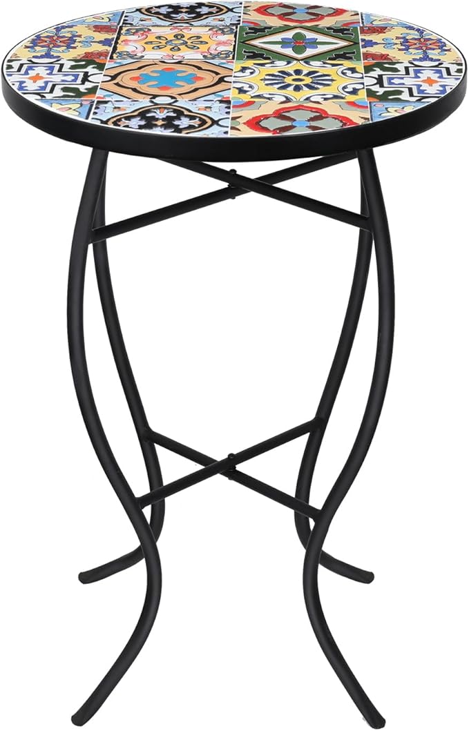 VCUTEKA Mosaic Outdoor Side Table - Small Patio Table Coffee Outside Accent Tables Round End Plant Tables for Bistro Balcony Porch Outdoor Benches 14'' Muti Yellow