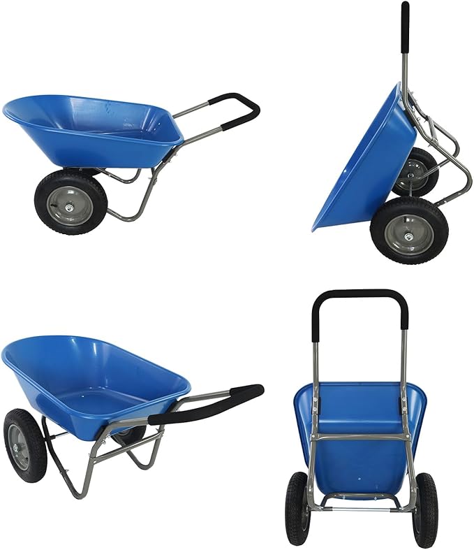 Dual-Wheel Garden Wheelbarrow, 5 Cubic Feet Poly Tray Wheel Barrow with Two 15-Inch Pneumatic Tires, 300 lb Capacity Lightweight Yard Cart for Lawn, Garden, Landscaping & Home Use,Blue