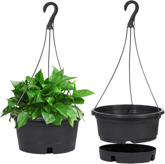 VIDELLY 12 Inch Large Hanging Planters for Indoor Plants,2 Pack Plastic Hanging Basket Pots with Drainage Trays & Chain Holders for Outdoor Indoor Plants Garden Balcony Decoration (Dark Gray)