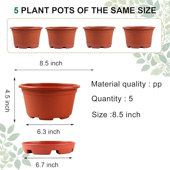 KPUVX 5 Pack 8.5 inch Plant Pot,Outdoor Flower Pots,Plastic Pots for Plants Indoor with Drainage Holes and Trays, Decorative Garden Containers Sets for Houseplants