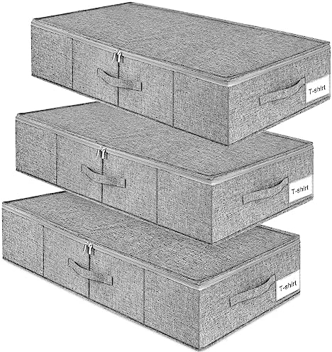punemi 6.7 in High Under Bed Storage Containers with Zipper Lid, 3Pack,Grey