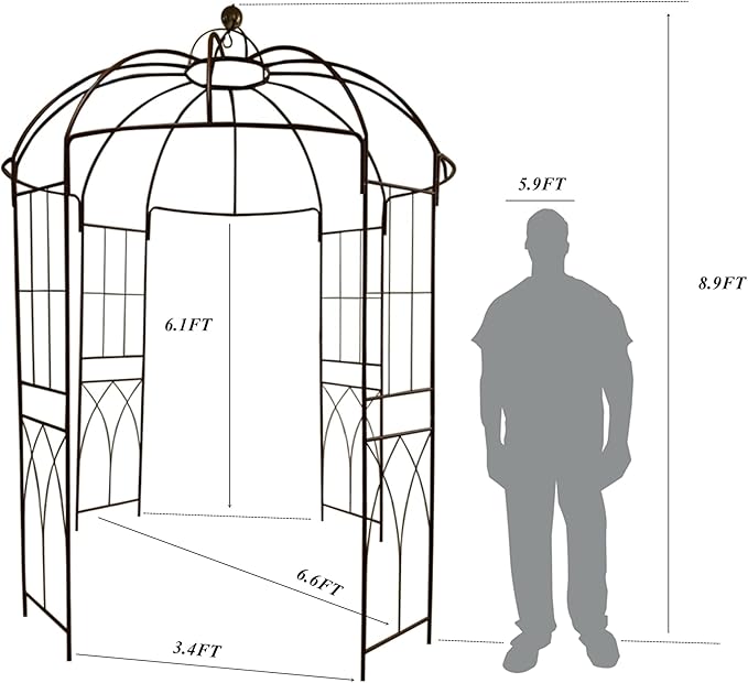 Metal Gazebo Pergola Pavilion Arbor Arch Trellis French Style with Hook 9' Highx 6'6" Wide for Various Climbing Plants Support Outdoor Garden Decoration, Dark Rust