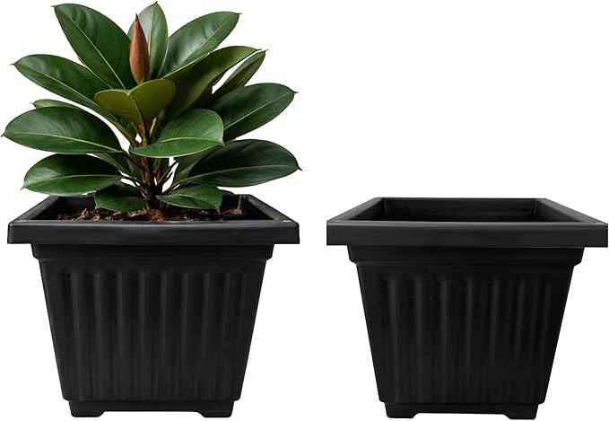 12 Inch Venetian Square Plant Pots with Drainage Holes, Lightweight UV-Resistant Plastic Outdoor Planters, 2-Pack Flower Pots for Patio & Garden Decor, Black