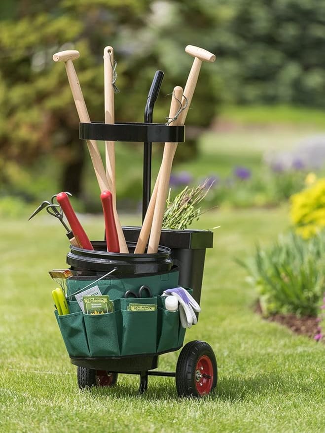 Gardener's Supply Company Heavy Duty Mobile Tool Storage Caddy | All in One Easy-Roll Garden Utility Cart Carrier | Includes 5-Gallon Bucket & Fabric Organizer with Multiple Pockets