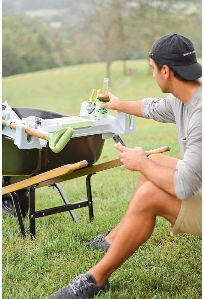The Burro Buddy, USA Made Lawn/Garden Tray for All 4-6 cu. ft. wheelbarrows. Holds rake, Shovel, Short Handle Tools, Drinks & Water Tight Storage for Phone. Wheelbarrow not Included. Great Gift!