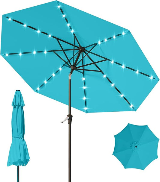9FT Patio Umbrella with Solar Lights,Outdoor Market Umbrella with Tilt and Crank, LED Lighted Table Umbrella for Garden,Deck,Backyard,Pool,Beach