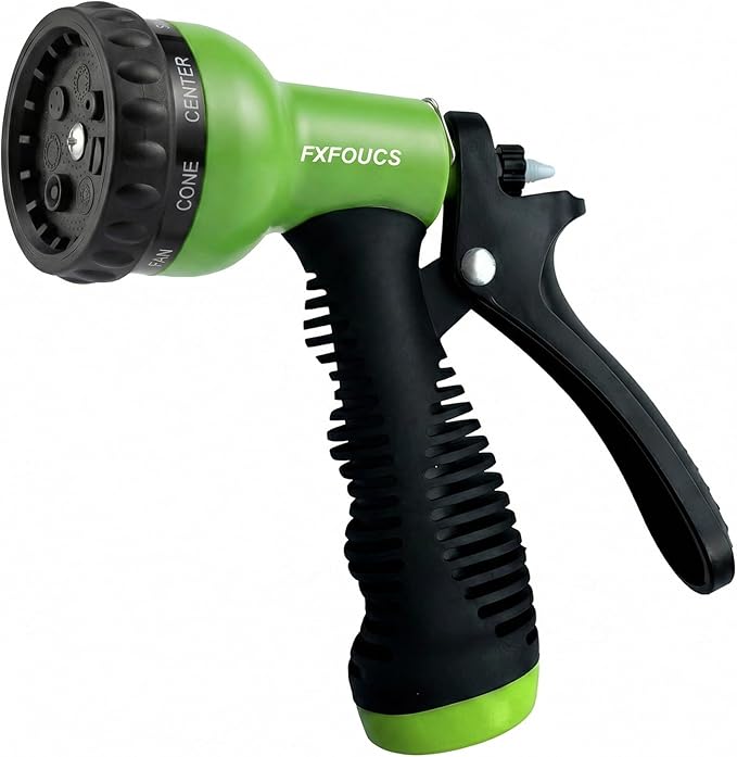 Garden Hose Nozzle Sprayer– this high heavy-duty spray nozzle offer 9 watering patterns for watering plants, lawns & gardens, washing cars, household (Green Dark)