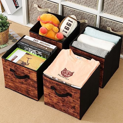 Stero Fabric Storage Cubes, 6 Pack Foldable Storage Bins with Handle, 13 Inch Box for Shelves, Closet, Organizer, Rustic Brown and Black
