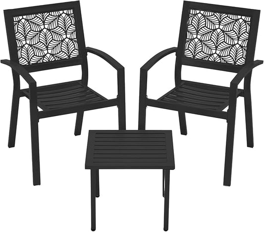 BUPPLEE 3 Piece Patio Bistro Set, Outdoor Steel Furniture Set, Stackable Modern Conversation Sets for Balcony Garden Deck Patio w/2 Chairs 1 Table, Black