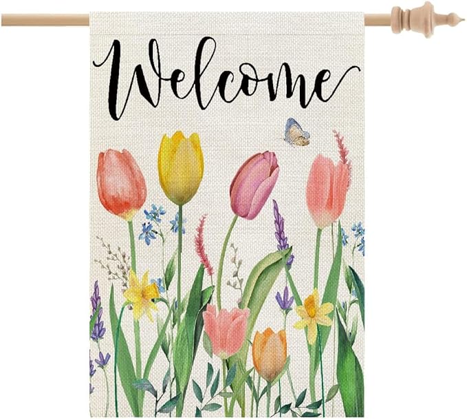 CROWNED BEAUTY Spring House Flag Floral 28x40 Inch Double Sided for Outside Tulips Welcome Burlap Large Yard Holiday Flag CF743-40
