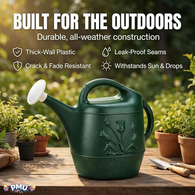 PMU 2 Gallon Watering Can - Garden Watering Can for Indoor & Outdoor Plants - Plastic Water Can with Detachable Sprinkler Head - Large Water Pot, Made in USA - Hunter Green Pkg/6