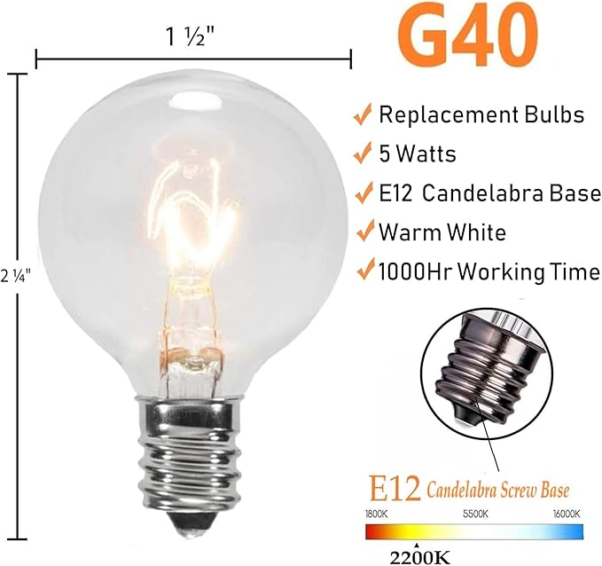 GOOTHY G40 Replacement Bulbs, 120V 5W Incandescent Light Bulbs, C7/E12 Candelabra Base, 1.5 Inch Clear Globe Replacement Light Bulbs for Outdoor String Lights Waterproof, 2200K Warm White, 25 Pack