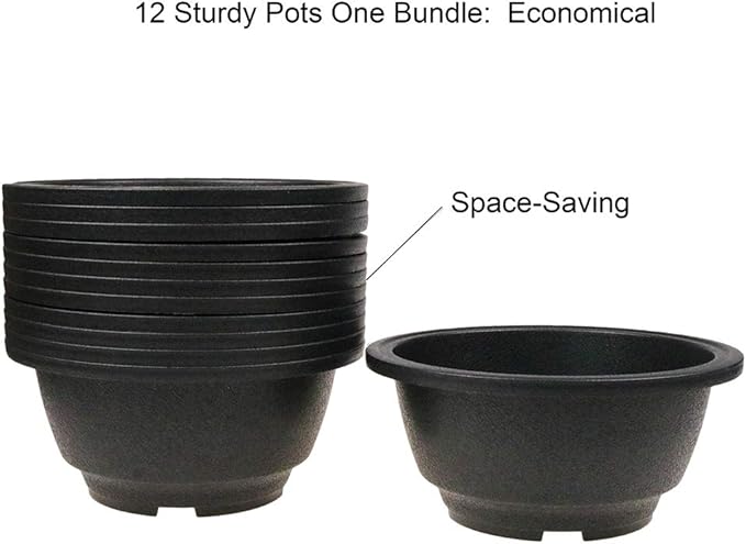 MUZHI 12PACK Matte Black Succulent Bonsai Round Planter Bowl Pot with Drainage, Plastic Cactus Flat Garden Plant Bowl Pots 6.3”