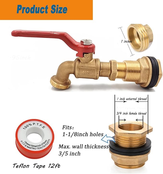 2 Pack Rain Barrel Spigot Kit, Brass Water Tank Faucet with 1 Inch OD Bulkhead Fitting for Outdoor Plastic Bucket Rain Water Drum Gal Container Down Spout Diverter in Garden