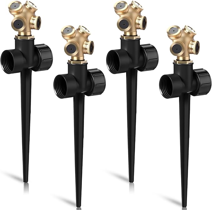 Tioncy 4 Pack Metal Lawn Sprinkler with Brass Nozzle, Heavy Duty Garden Spike Sprinkler Automatic Irrigation Tool for Lawn Garden Yard Greenhouse(Multi Nozzle,Black)