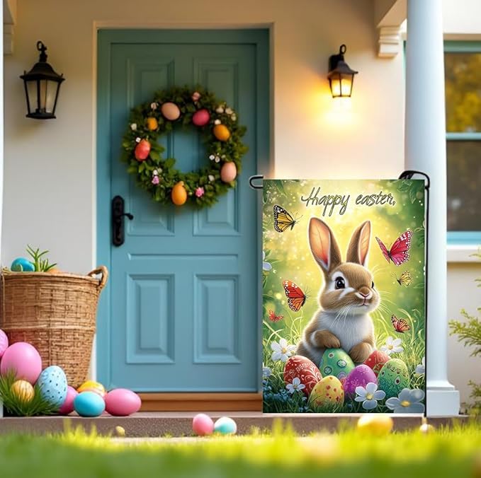 Happy Easter Garden Flag 12x18 Double Sided, Small Burlap Floral Butterfly Eggs Bunny Garden Flags Easter Holiday Outdoor Yard Decorations