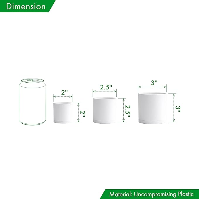 D'vine Dev Pack of 36 Plastic Plant Pots (12 Set of 2 Inch, 2.5 Inch, 3 Inch) Small Garden Planter Pots for Plant with Drainage Holes and Saucers, White, 74-T-A