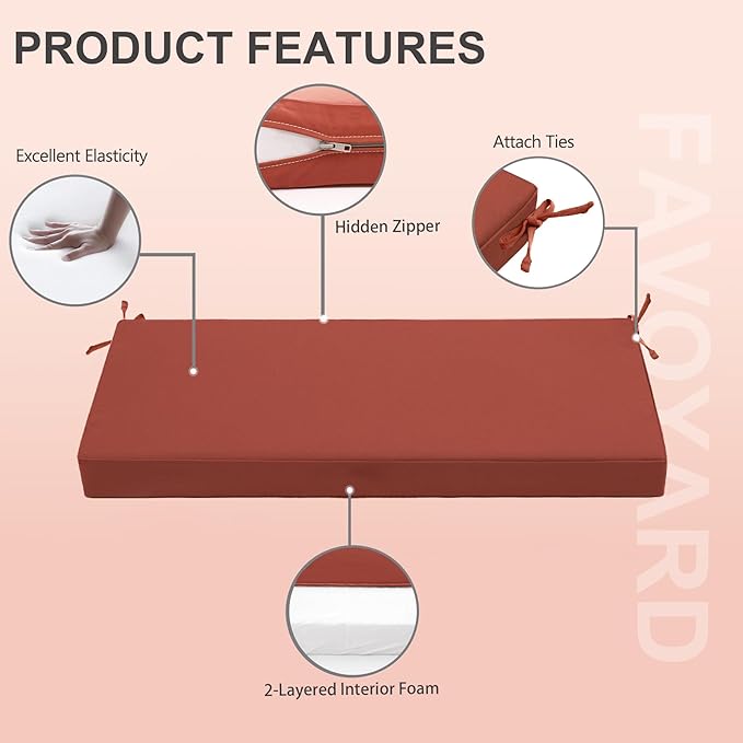 Favoyard Outdoor Bench Cushion 45 x 18 Inch Waterproof Patio Furniture Cushions 3-Year Color Fastness Garden Sofa Settee Couch Swing Pads with Handle and Attach Ties, Spice