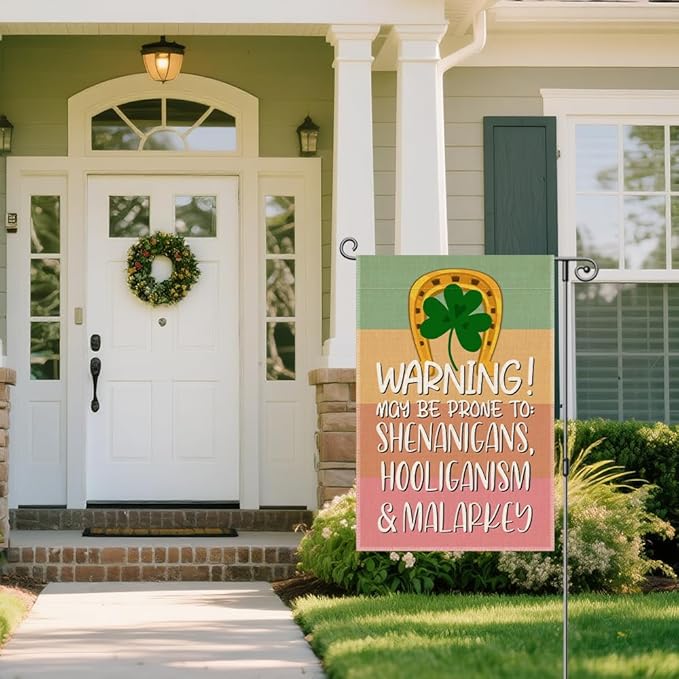 Warning May be Prone to Shamrock Shenanigans Hooligans and Malarkey Funny Garden Flag, St. Patrick's Day Garden Flag, Pride Month Kindness Welcome Yard Farmhouse Spring Holiday Outdoor Decor