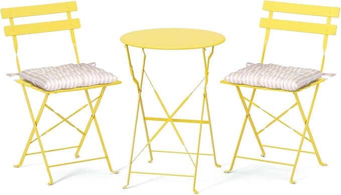 VINGLI Outdoor Folding Bistro Table and Chairs Set of 2, 3-Piece Bistro Set with Premium Steel Frame and Comfortable Cushions for Patio, Balcony, Garden, Porch, Yard, Yellow
